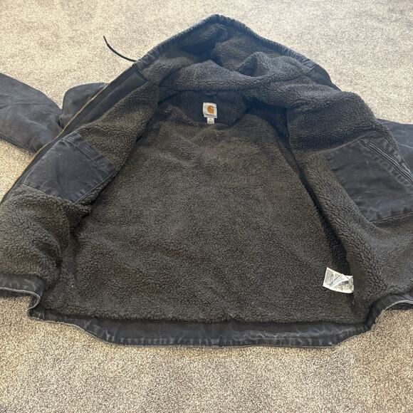 Y2K Distressed Carhartt J141 Black Men's Canvas Sherpa Lined Hooded Work Coat XL - Picture 2 of 10